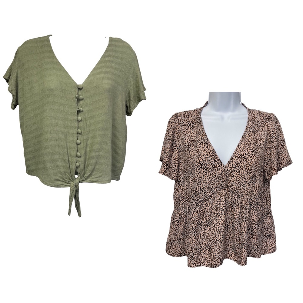 Lot Of Two Blouse Top Womens Sz L Green & Brown Leopard Shor Sleeve tie front - Picture 1 of 10